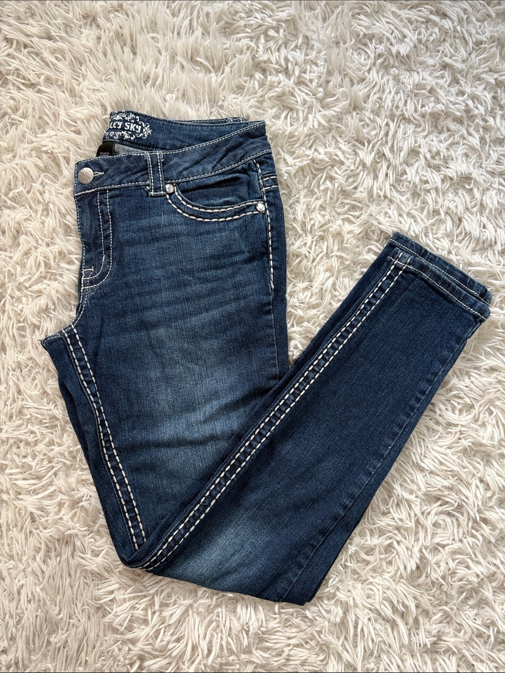 Paisley Sky Women's Dark Blue Skinny Jeans with White Contrast Stitchingy